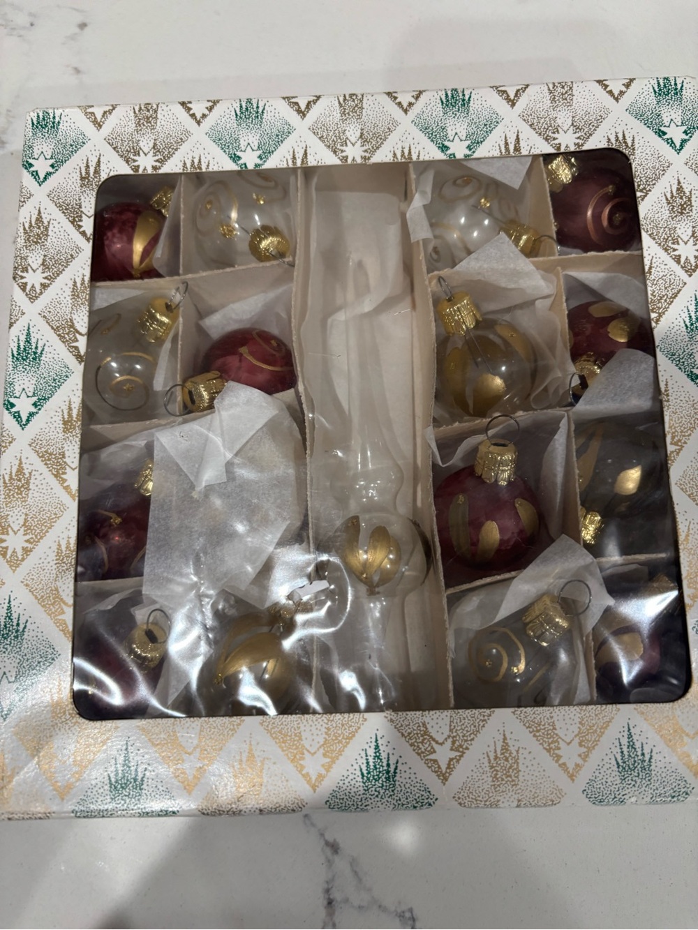 Vintage miniature Holiday Glass Ornament Set - Gold and Burgundy w/ tree topper